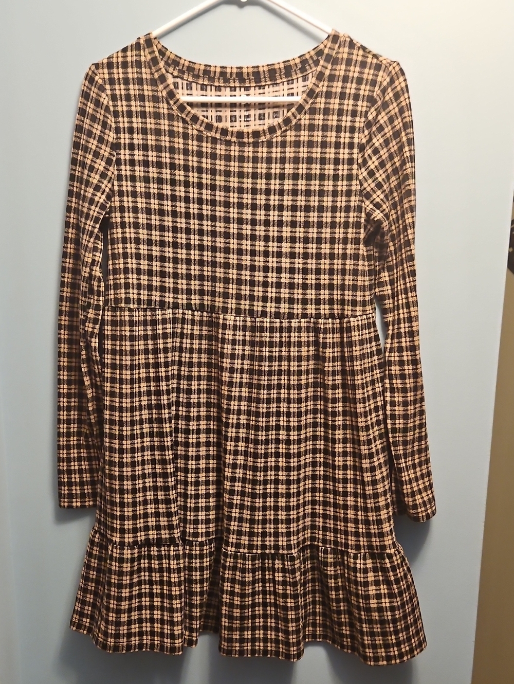 SO Brown Plaid Ruffle-Hem Long Sleeve Dress